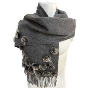 Sandra Angelozzi Wool & Cashmere Scarf with Fur Pom Pom Trim – Grey